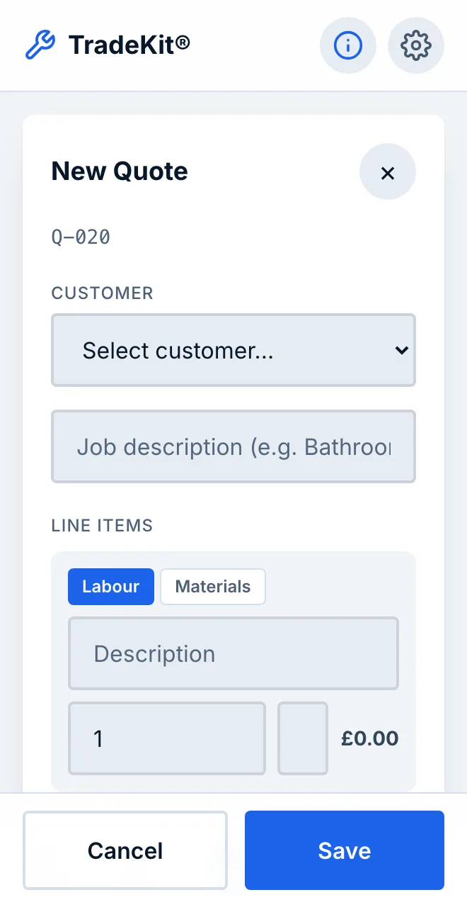 Building a quote in TradeKit on a phone: customer name, job description and line items for labour and materials.